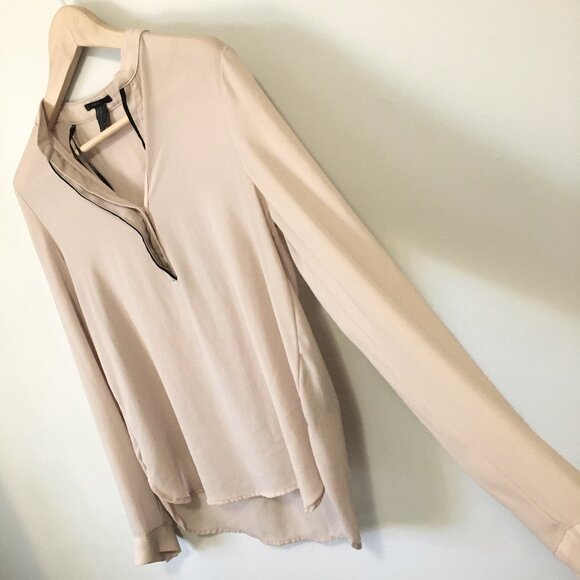 Classy Sheer Bisque and Black Trim Tunic Neck Blouse - Picture 3 of 16